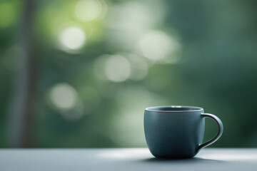 minimalistic coffee cup placed on clean surface surrounded by serene evening forest