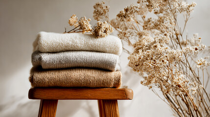 A stack of knitted sweaters on a wooden stool, with dried flowers above it