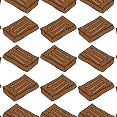 A seamless pattern featuring cartoon-style chocolate bars in brown color, arranged diagonally on a white background. Ideal for confectionery packaging, branding, or sweet-themed design projects.