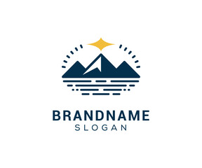 Mountain peak logo design icon. Outdoor hiking adventure emblem. Mountain summit vector illustration.