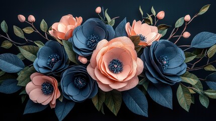 A stunning arrangement of paper flowers in shades of peach and navy blue.