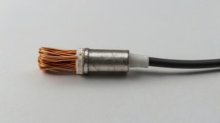 Detailed macro photograph showing stripped copper wire emerging from a metal connector surrounded by a black cable. The image highlights electrical engineering and high-quality wiring components.
