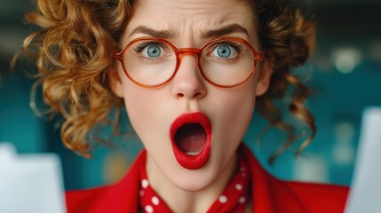 Surprised woman with red glasses expressing shock while holding documents