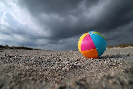 A colorful beach ball rests on the sandy shore under a dramatic stormy sky with dark clouds - Powered by Adobe