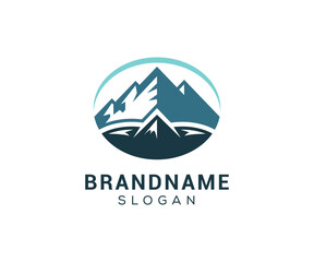 Mountain peak logo design icon. Outdoor hiking adventure emblem. Mountain summit vector illustration.