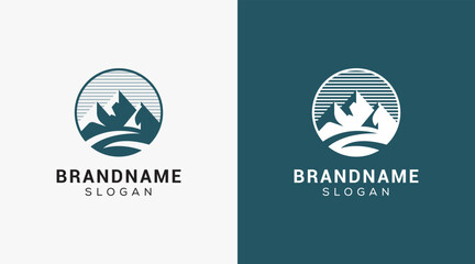 Mountain peak logo design icon. Outdoor hiking adventure emblem. Mountain summit vector illustration.