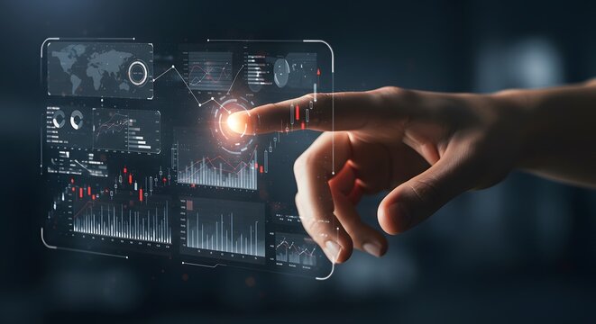 Hand pressing button on high-tech holographic touchscreen interface