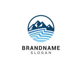 Mountain peak logo design icon. Outdoor hiking adventure emblem. Mountain summit vector illustration.