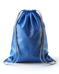 Blue drawstring bag made of synthetic fabric material on an isolated white background for sport, gym, or travel use.