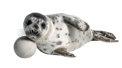 A playful seal resting with a ball, showcasing its curious nature. transparent background