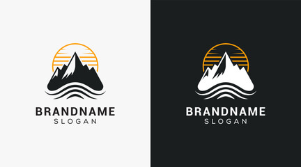 Mountain peak logo design icon. Outdoor hiking adventure emblem. Mountain summit vector illustration.