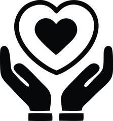 Symbolic representation of two cupped hands gently supporting a heart within a larger heart outline signifying care and protection