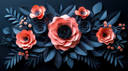 A decorative arrangement of paper flowers and leaves in coral and navy tones.