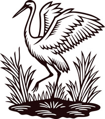 Obraz premium Graceful crane with outstretched wings standing among reeds at a pond in vintage engraving