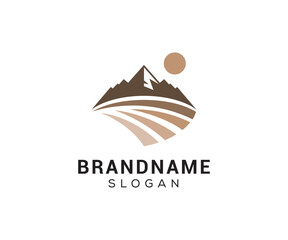 Mountain peak logo design icon. Outdoor hiking adventure emblem. Mountain summit vector illustration.