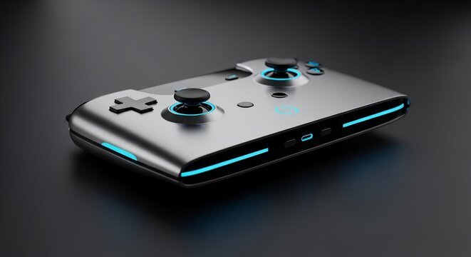 Modern Silver Gaming Controller with Blue Neon Lights on Dark Background