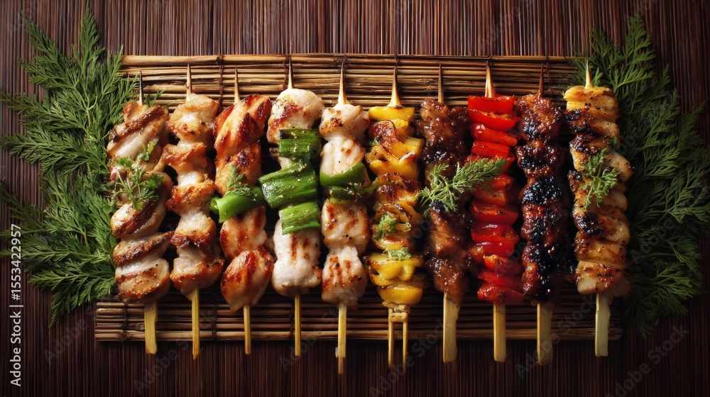 Poster an artistic arrangement of various yakitori skewers on a bamboo mat, showcasing a mix of chicken and