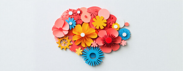 A colorful brain illustration with gears and flowers, mental health, cognitive wellness and creativity
