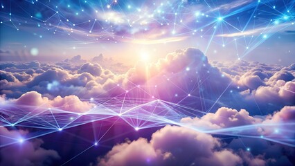 Ethereal network hovers over a dreamy cloudscape with radiant sunlight filtering through for a captivating, futuristic vibe.