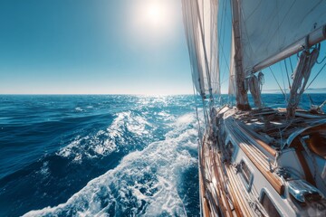 Sailing on a beautiful day, the sailboat glides across the blue ocean with white sails billowing in the wind.