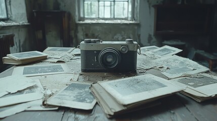 Dusty vintage camera on a weathered table cluttered with old photos