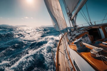 Obraz premium Sailboat sailing on the sea with billowing sails under a bright, sunny sky.