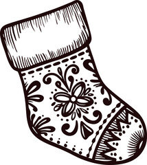 Hand drawn decorative christmas stocking with floral and geometric pattern on white background illustration