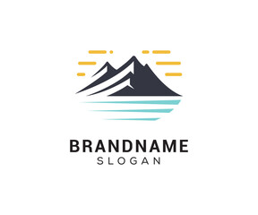 Mountain peak logo design icon. Outdoor hiking adventure emblem. Mountain summit vector illustration.