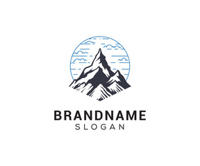 Mountain peak logo design icon. Outdoor hiking adventure emblem. Mountain summit vector illustration.