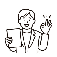Businessman holding document with OK sign, minimal line art illustration