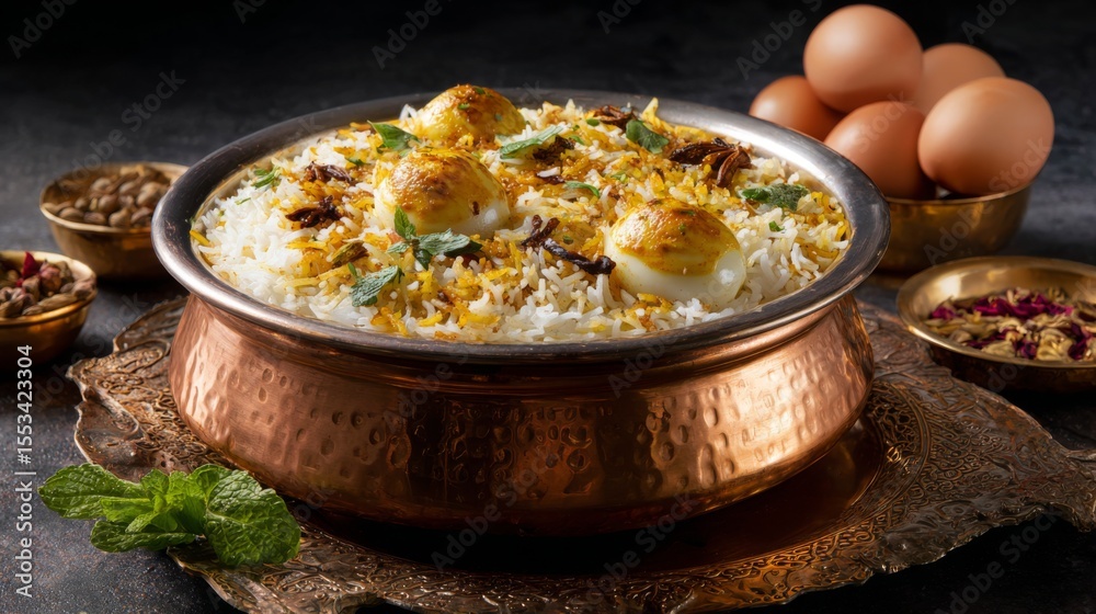 Aufkleber An artistic presentation of biryani served in a copper pot, with fragrant rice layered with spices and garnished with fried onions and boiled eggs.