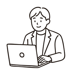 Businessman working on laptop, minimal line art illustration