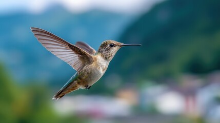 Fototapeta premium Hummingbird in motion with outstretched wings flying against blurred nature background