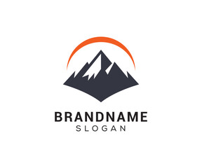 Mountain peak logo design icon. Outdoor hiking adventure emblem. Mountain summit vector illustration.