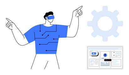 Person wearing augmented reality headset engaging with digital content, circuitry lines on shirt, gear silhouette symbolizing technology, and computer screen displaying data. Ideal for innovation