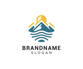Mountain peak logo design icon. Outdoor hiking adventure emblem. Mountain summit vector illustration.