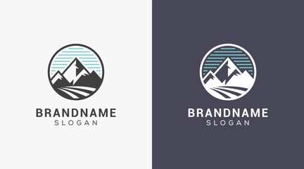 Mountain peak logo design icon. Outdoor hiking adventure emblem. Mountain summit vector illustration.