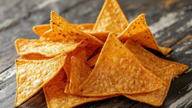 A pile of tortilla chips on a wooden table, perfect for snacking or serving at a party