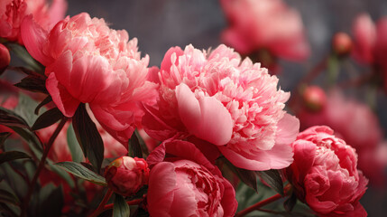 Obraz premium The flowering of summer selective focus, a delicate peony wall, dark-coloured peonies in bloom, a festive background of flowers, a brilliant red floral card