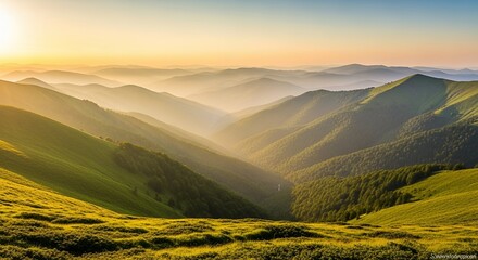 Golden Hour Mountain Panorama: A Serene Sunrise over Rolling Hills
