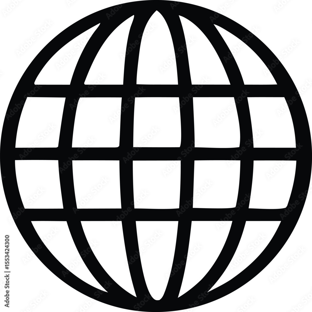 Poster a simple black and white graphic representation of a stylized globe with a grid pattern of intersect