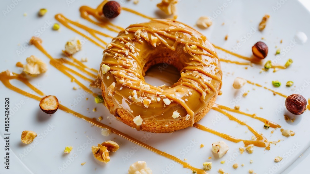 Aufkleber an artistic shot of a donut with a drizzle of caramel or icing, placed on a white plate with a few n