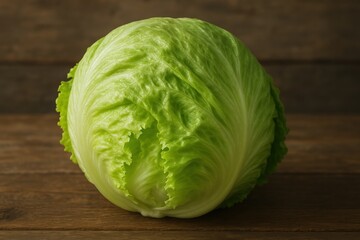 Fototapeta premium A fresh green cabbage is placed on a dark wooden surface. Its bright color and crispy texture create an appetizing appearance, ideal for healthy eating and culinary dishes.