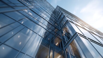 Obraz premium Modern glass skyscraper facade reflecting the clear blue daytime sky
