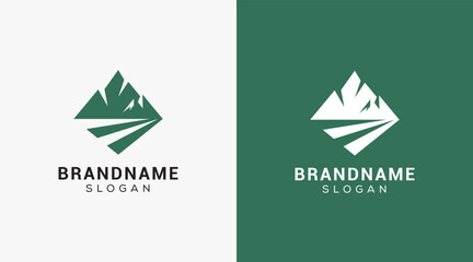 Mountain peak logo design icon. Outdoor hiking adventure emblem. Mountain summit vector illustration.