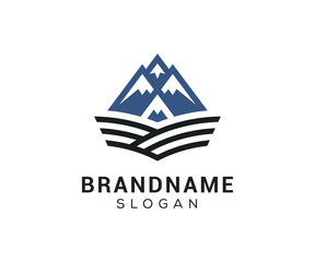 Mountain peak logo design icon. Outdoor hiking adventure emblem. Mountain summit vector illustration.