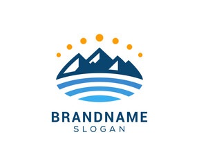 Mountain peak logo design icon. Outdoor hiking adventure emblem. Mountain summit vector illustration.