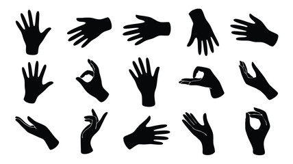 Fototapeta premium Black Hand Silhouette Collection Diverse Gestures, Fingers, and Hand Positions on White Background