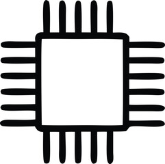 A stylized black and white illustration of a microchip or integrated circuit with multiple pins extending from its sides