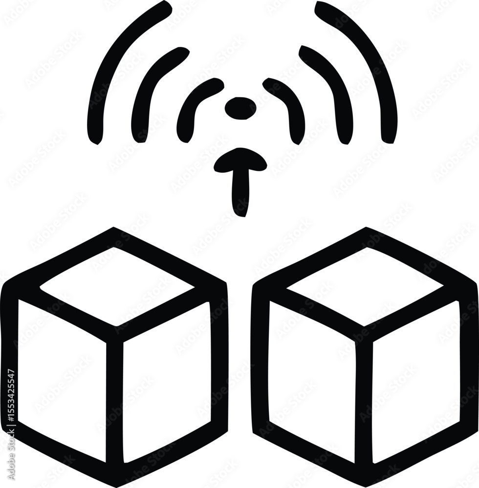 Poster two interconnected cubes sending and receiving wireless signals illustrating data transfer and netwo